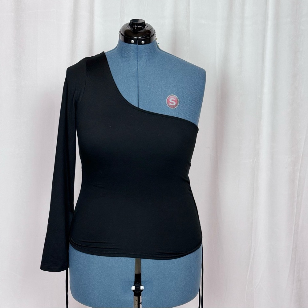 Ambiance Black Asymmetrical Bodysuit, one sleeve with side strings